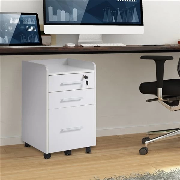 Classeur à 3 tiroirs HomCom avec roulettes, fini en bois blanc 2 Classeur à 3 tiroirs HomCom avec roulettes, fini en bois blanc – Image 2