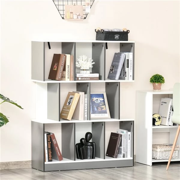 Bibliothèque en composite gris et blanc par HomCom avec 3 tablettes 2 Bibliothèque en composite gris et blanc par HomCom avec 3 tablettes – Image 2