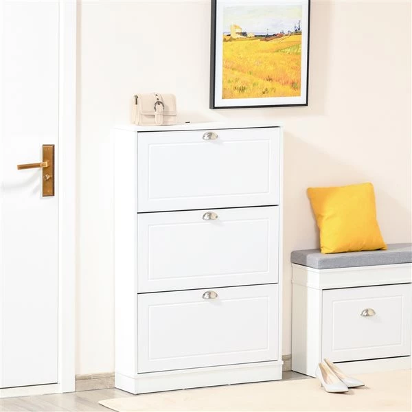 Armoire à chaussures moderne blanche Homcom de 46 po x 30 po en bois avec 3 tiroirs 2 Armoire à chaussures moderne blanche Homcom de 46 po x 30 po en bois avec 3 tiroirs – Image 2
