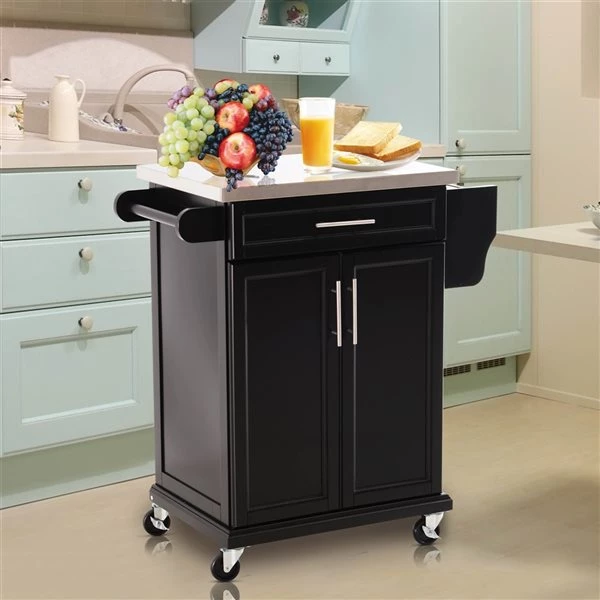 Chariot de cuisine HomCom avec base en bois noir et dessus en acier inoxydable de 17,99 po x 32,87 po x 35,63 po 2 Chariot de cuisine HomCom avec base en bois noir et dessus en acier inoxydable de 17,99 po x 32,87 po x 35,63 po – Image 2
