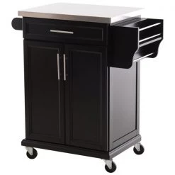 Chariot de cuisine HomCom avec base en bois noir et dessus en acier inoxydable de 17,99 po x 32,87 po x 35,63 po