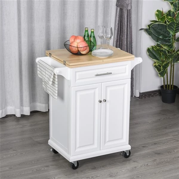 Chariot de cuisine HomCom avec base en bois blanc et dessus en bois de pin jaune du Sud de 17,99 po x 47,09 po x 35,91 po 2 Chariot de cuisine HomCom avec base en bois blanc et dessus en bois de pin jaune du Sud de 17,99 po x 47,09 po x 35,91 po – Image 2