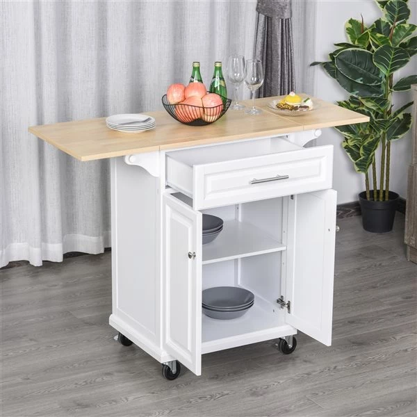Chariot de cuisine HomCom avec base en bois blanc et dessus en bois de pin jaune du Sud de 17,99 po x 47,09 po x 35,91 po 4 Chariot de cuisine HomCom avec base en bois blanc et dessus en bois de pin jaune du Sud de 17,99 po x 47,09 po x 35,91 po – Image 4