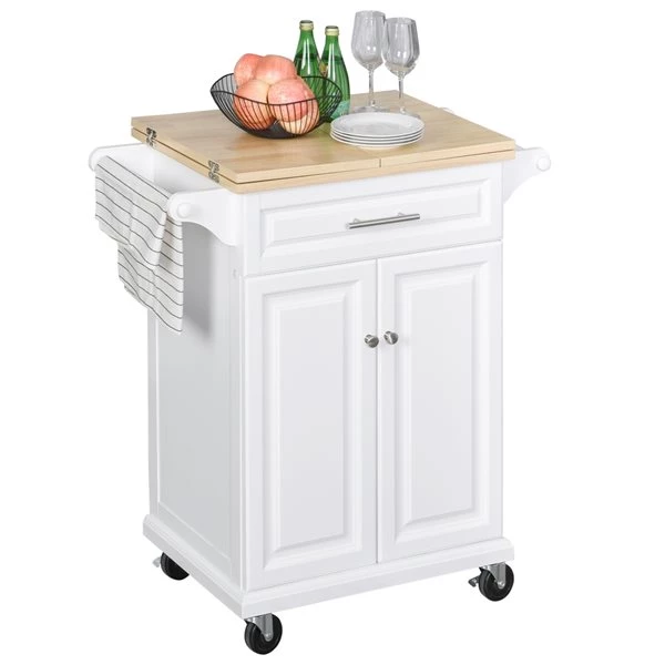 Chariot de cuisine HomCom avec base en bois blanc et dessus en bois de pin jaune du Sud de 17,99 po x 47,09 po x 35,91 po 1 Chariot de cuisine HomCom avec base en bois blanc et dessus en bois de pin jaune du Sud de 17,99 po x 47,09 po x 35,91 po