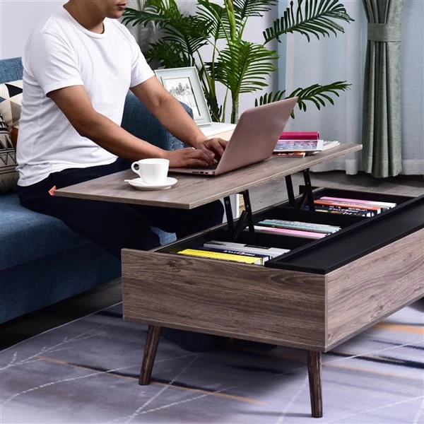 Table basse en composite gris par HomCom avec plateau relevable et cadre en acier 2 Table basse en composite gris par HomCom avec plateau relevable et cadre en acier – Image 2