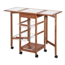 Chariot de cuisine HomCom avec base en bois brun et dessus en tuiles de 14,57 po x 35,83 po x 29,53 po