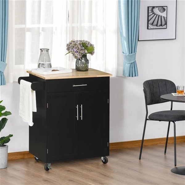 Chariot de cuisine HomCom avec base en bois noir et dessus en bois d'hévéa de 17,75 po x 33,75 po x 36 po 2 Chariot de cuisine HomCom avec base en bois noir et dessus en bois d'hévéa de 17,75 po x 33,75 po x 36 po – Image 2