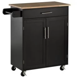 Chariot de cuisine HomCom avec base en bois noir et dessus en bois d'hévéa de 17,75 po x 33,75 po x 36 po
