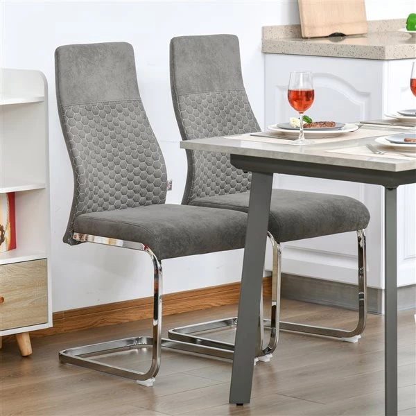 Chaise d'appoint contemporaine à dossier haut par HomCom rembourrée en polyester gris avec cadre en métal, ensemble de 2 3 Chaise d'appoint contemporaine à dossier haut par HomCom rembourrée en polyester gris avec cadre en métal, ensemble de 2 – Image 3