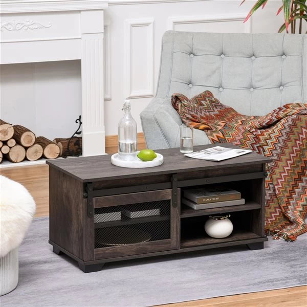 Table basse en composite brun par HomCom avec porte de grange coulissante 2 Table basse en composite brun par HomCom avec porte de grange coulissante – Image 2