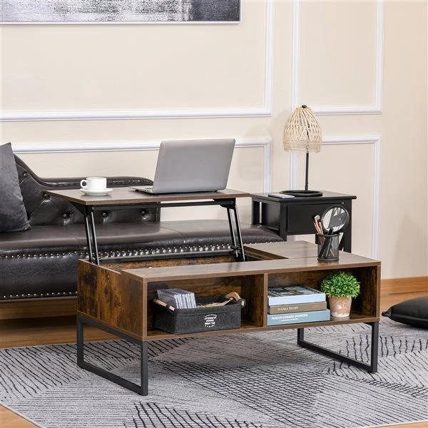 Table basse en composite brun par HomCom avec plateau relevable et 2 tiroirs 2 Table basse en composite brun par HomCom avec plateau relevable et 2 tiroirs – Image 2