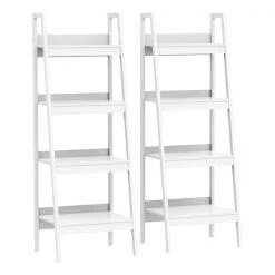 Bibliothèque de style échelle en métal blanc par HomCom à 4 tablettes, ensemble de 2