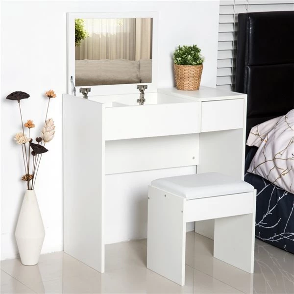 Coiffeuse de 31,5 po par HomCom avec tabouret, blanc 2 Coiffeuse de 31,5 po par HomCom avec tabouret, blanc – Image 2
