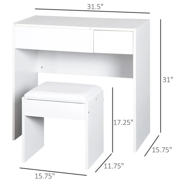 Coiffeuse de 31,5 po par HomCom avec tabouret, blanc 3 Coiffeuse de 31,5 po par HomCom avec tabouret, blanc – Image 3