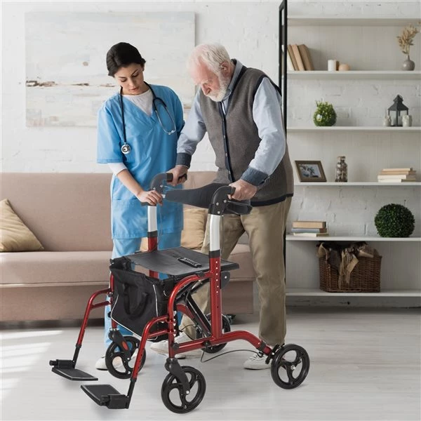 Déambulateur à roulettes 2-en-1 pliable et rembourré Homcom rouge foncé avec sac de rangement 2 Déambulateur à roulettes 2-en-1 pliable et rembourré Homcom rouge foncé avec sac de rangement – Image 2