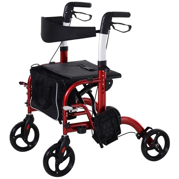 Déambulateur à roulettes 2-en-1 pliable et rembourré Homcom rouge foncé avec sac de rangement 5 Déambulateur à roulettes 2-en-1 pliable et rembourré Homcom rouge foncé avec sac de rangement – Image 5