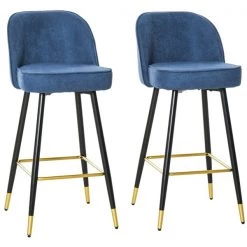 Tabourets de bar rembourrés bleus Homcom avec pattes dorées en acier, ensemble de 2