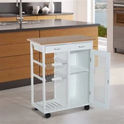 Chariot de cuisine HomCom avec base en bois blanc et dessus en bois de bambou de 14,57 po x 27,56 po x 33,46 po -HOMCOM Soldes 2022 330936445 AlternateImage3 l