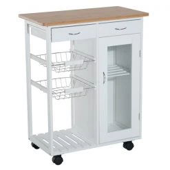 Chariot de cuisine HomCom avec base en bois blanc et dessus en bois de bambou de 14,57 po x 27,56 po x 33,46 po