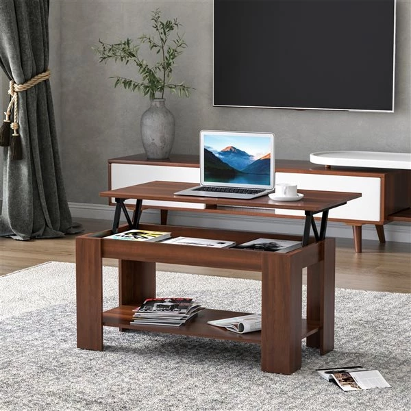 Table basse avec plateau relevable par HomCom en composite brun 2 Table basse avec plateau relevable par HomCom en composite brun – Image 2