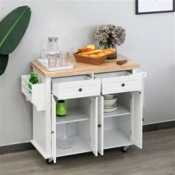 Chariot de cuisine HomCom avec base en bois blanc et dessus en bois d'hévéa de 17,52 po x 43,7 po x 32,48 po -HOMCOM Soldes 2022 330936494 AlternateImage3 l