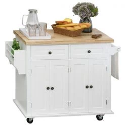 Chariot de cuisine HomCom avec base en bois blanc et dessus en bois d'hévéa de 17,52 po x 43,7 po x 32,48 po