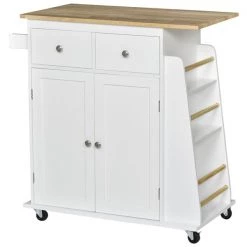 Chariot de cuisine HomCom avec base en bois blanc et dessus en bois d'hévéa de 17,72 po x 35,04 po x 35,24 po