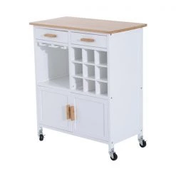 Chariot de cuisine HomCom avec base en bois blanc et dessus en bois de bambou de 15,75 po x 29,92 po x 34,65 po