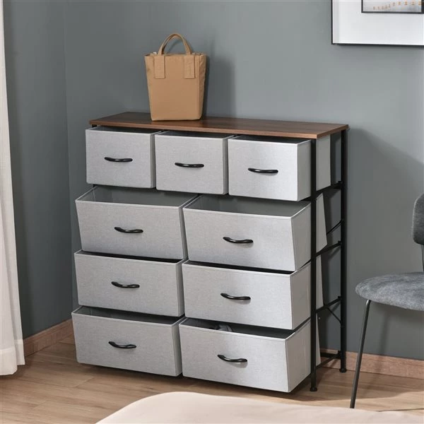 Commode standard HomCom à 9 tiroirs, noyer foncé et gris 4 Commode standard HomCom à 9 tiroirs, noyer foncé et gris – Image 4