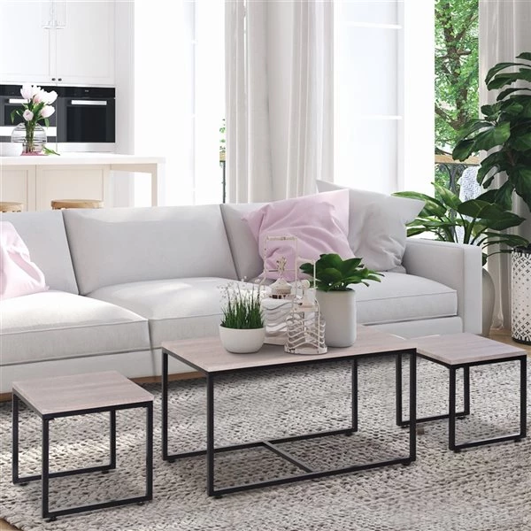 Table d'appoint par HomCom noir et grain de bois naturel, ensemble de 3 2 Table d'appoint par HomCom noir et grain de bois naturel, ensemble de 3 – Image 2