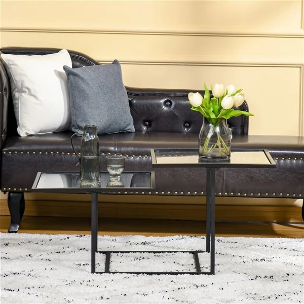 Table d'appoint Homcom avec cadre en métal noir et plateau double en verre trempé 4 Table d'appoint Homcom avec cadre en métal noir et plateau double en verre trempé – Image 4