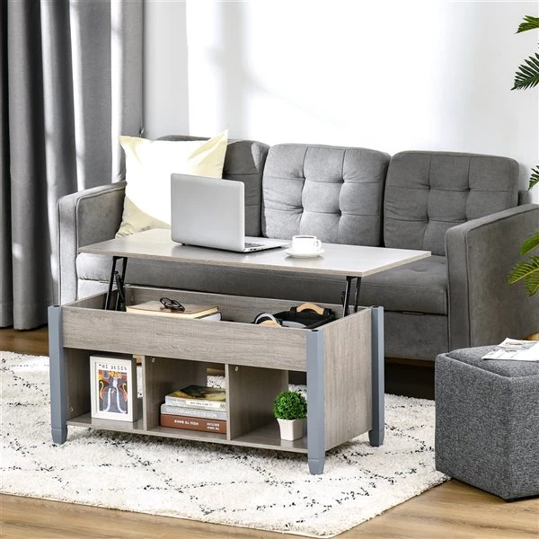Table d'appoint Homcom en panneaux de particules avec plateau relevable et rangement dissimulé, gris 2 Table d'appoint Homcom en panneaux de particules avec plateau relevable et rangement dissimulé, gris – Image 2