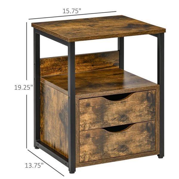 Table d'appoint rectangulaire Homcom en bois avec 2 tiroirs et une étagère ouverte, brun 3 Table d'appoint rectangulaire Homcom en bois avec 2 tiroirs et une étagère ouverte, brun – Image 3