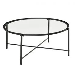 Table d'appoint ronde Homcom avec cadre en métal noir et plateau en verre trempé