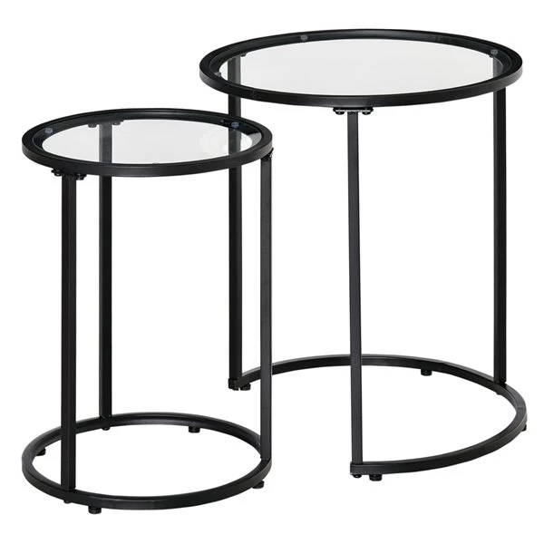 Tables d'appoint gigognes Homcom avec plateau en verre tempéré et structure de métal noir, ens. de 2 1 Tables d'appoint gigognes Homcom avec plateau en verre tempéré et structure de métal noir, ens. de 2