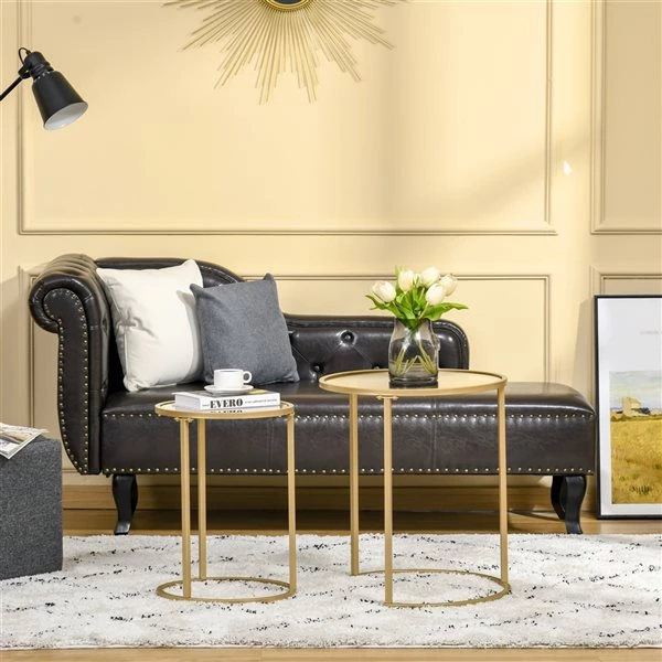 Tables d'appoint gigognes Homcom avec plateau en verre tempéré et structure de métal or, ens. de 2 2 Tables d'appoint gigognes Homcom avec plateau en verre tempéré et structure de métal or, ens. de 2 – Image 2