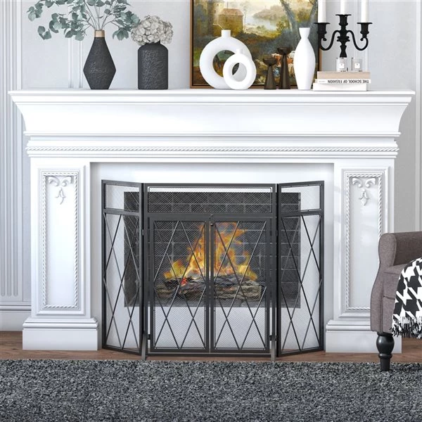 Pare-étincelles plat HomCom en acier noir à 3 panneaux et 2 portes de 47,25 po 2 Pare-étincelles plat HomCom en acier noir à 3 panneaux et 2 portes de 47,25 po – Image 2