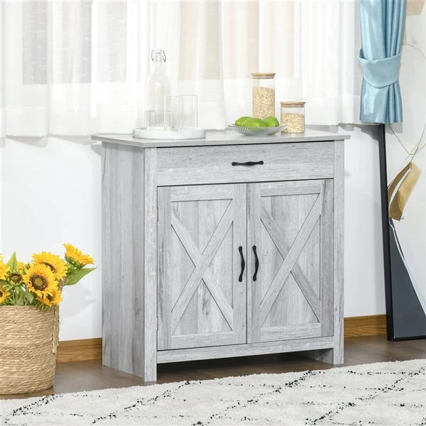 Buffet avec portes de grange Homcom campagnard en MDF, gris 2 Buffet avec portes de grange Homcom campagnard en MDF, gris – Image 2