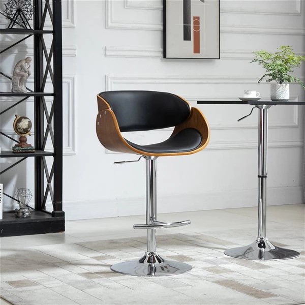 Tabouret de bar HomCom rembourré et pivotant de grande taille avec repose-pieds, noir et noyer 2 Tabouret de bar HomCom rembourré et pivotant de grande taille avec repose-pieds, noir et noyer – Image 2