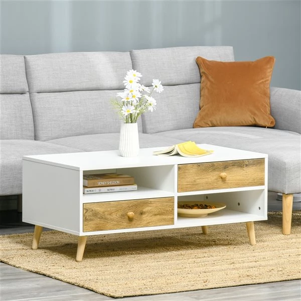 Table basse rectangulaire blanc et brun à 2 tiroirs HomCom en panneaux de particules avec étagères 2 Table basse rectangulaire blanc et brun à 2 tiroirs HomCom en panneaux de particules avec étagères – Image 2