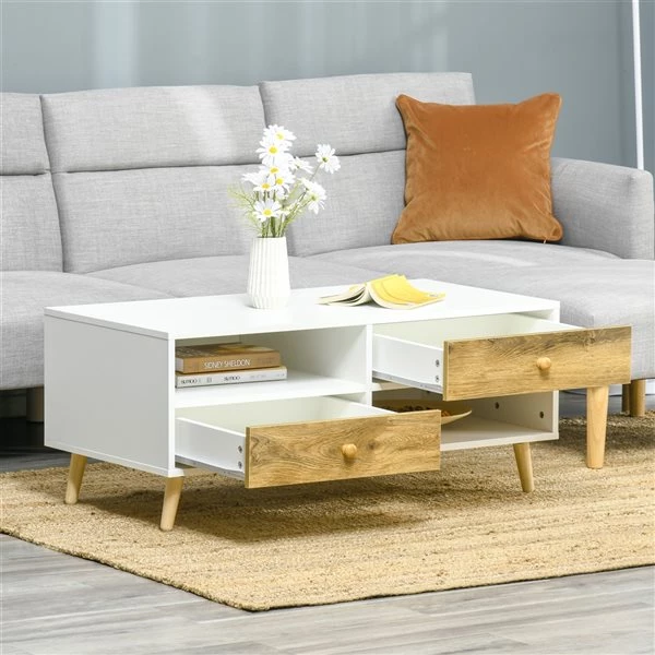 Table basse rectangulaire blanc et brun à 2 tiroirs HomCom en panneaux de particules avec étagères 4 Table basse rectangulaire blanc et brun à 2 tiroirs HomCom en panneaux de particules avec étagères – Image 4