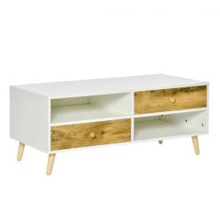 Table basse rectangulaire blanc et brun à 2 tiroirs HomCom en panneaux de particules avec étagères