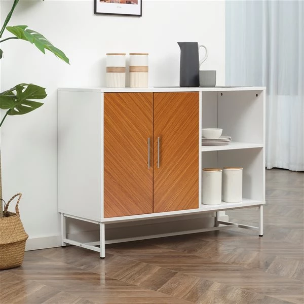 Crédence HomCom en composite blanc et brun avec étagères ouvertes 2 Crédence HomCom en composite blanc et brun avec étagères ouvertes – Image 2