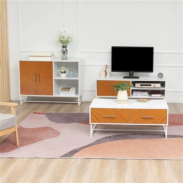 Crédence HomCom en composite blanc et brun avec étagères ouvertes 4 Crédence HomCom en composite blanc et brun avec étagères ouvertes – Image 4