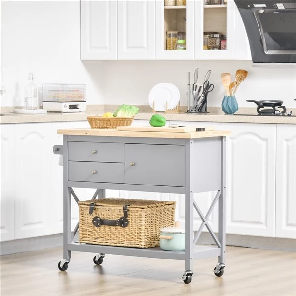 Chariot de cuisine HomCom avec base en bois gris et dessus en bois d'hévéa (17,75 po x 42,5 po x 35 po) 2 Chariot de cuisine HomCom avec base en bois gris et dessus en bois d'hévéa (17,75 po x 42,5 po x 35 po) – Image 2
