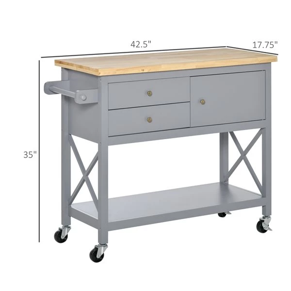 Chariot de cuisine HomCom avec base en bois gris et dessus en bois d'hévéa (17,75 po x 42,5 po x 35 po) 3 Chariot de cuisine HomCom avec base en bois gris et dessus en bois d'hévéa (17,75 po x 42,5 po x 35 po) – Image 3
