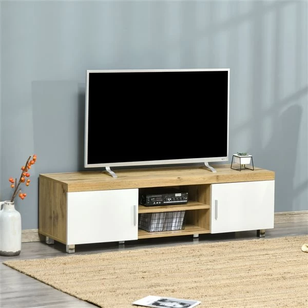 Meuble télé HomCom blanc et bois naturel de 55 po 2 Meuble télé HomCom blanc et bois naturel de 55 po – Image 2