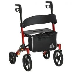 Déambulateur à roulettes pliant en aluminium noir et rouge par HomCom avec dossier de siège