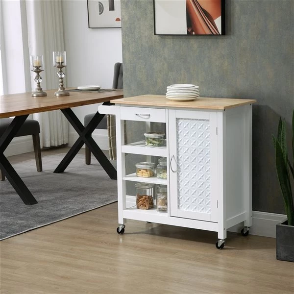 Chariot de cuisine HomCom avec base en composite blanc et dessus en bois composite (15.75-in x 36.25-in x 33-in) 2 Chariot de cuisine HomCom avec base en composite blanc et dessus en bois composite (15.75-in x 36.25-in x 33-in) – Image 2