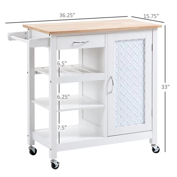 Chariot de cuisine HomCom avec base en composite blanc et dessus en bois composite (15.75-in x 36.25-in x 33-in) 3 Chariot de cuisine HomCom avec base en composite blanc et dessus en bois composite (15.75-in x 36.25-in x 33-in) – Image 3